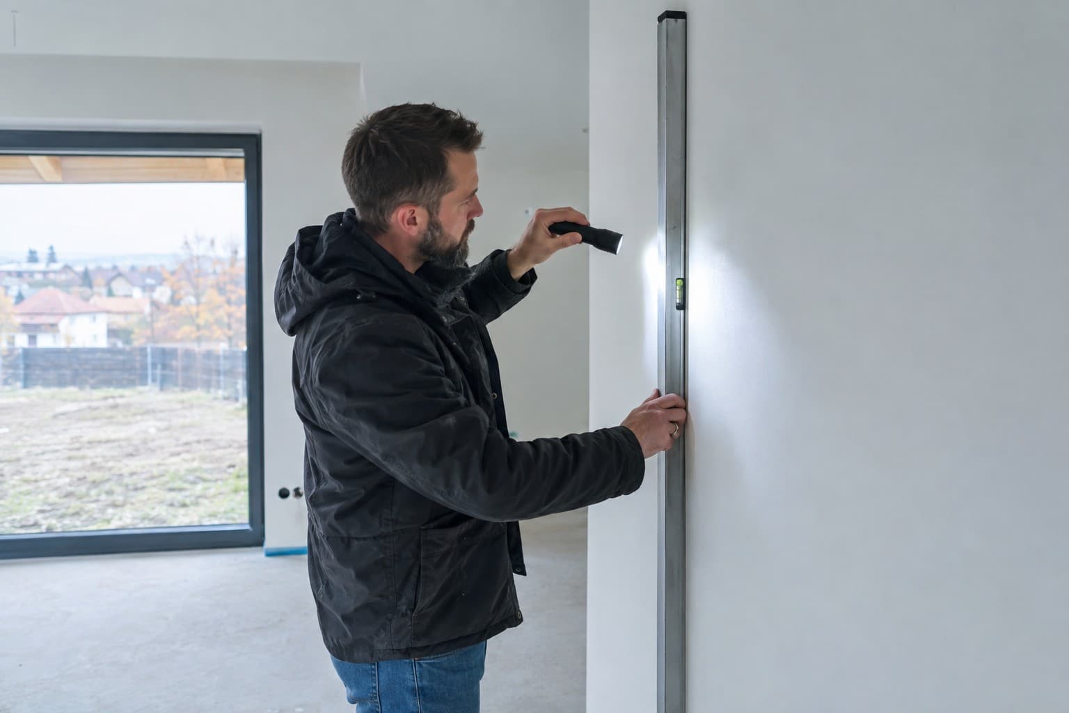 Kontrola rovinnosti latí a baterkou při přebírání omítky