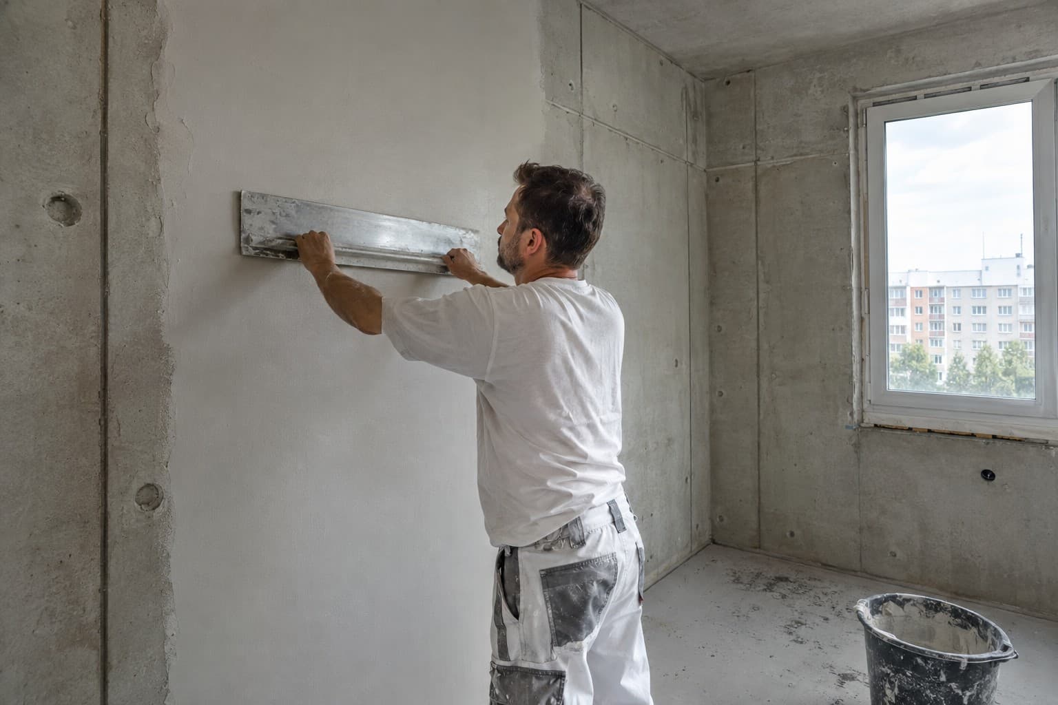 Vyrovnávání betonové panelové stěny v bytě dlouhou latí
