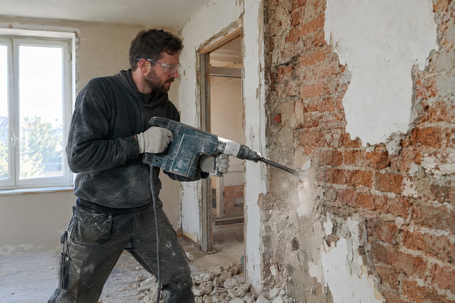 Otloukání staré omítky bouracím kladivem z cihelné zdi